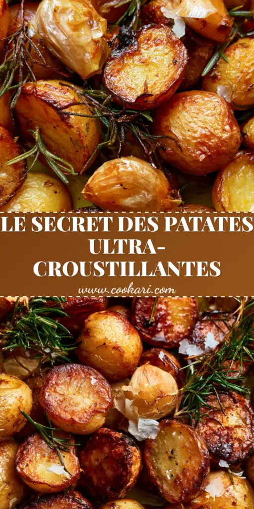 A vertical Pinterest-optimized shot of crispy pommes de terre rôties à l'ail with toasted rosemary and golden garlic in a grey dish.