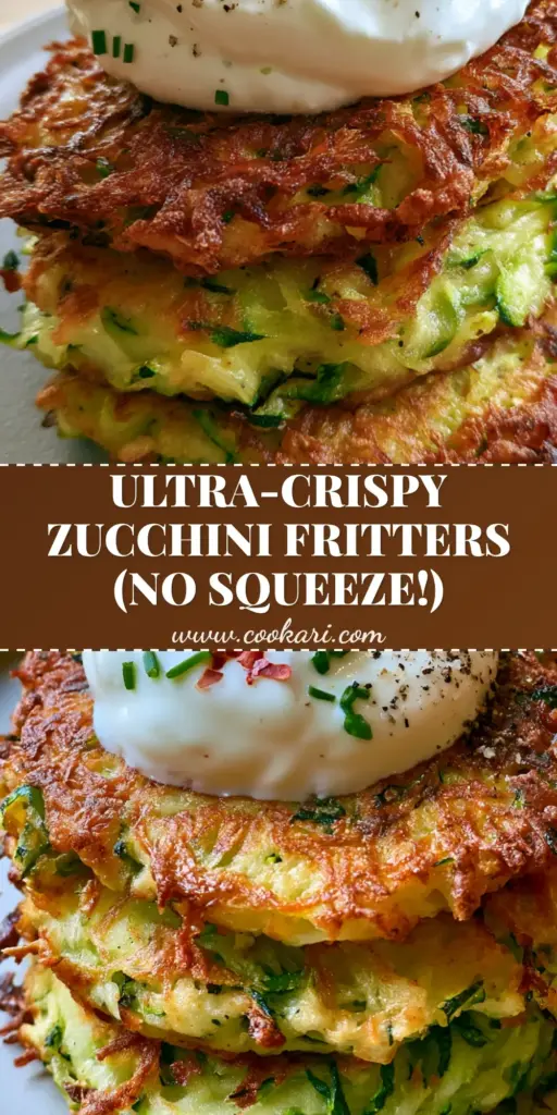 A tall stack of three golden crispy zucchini fritters topped with white Greek yogurt and red Aleppo flakes. (zucchini recipes)