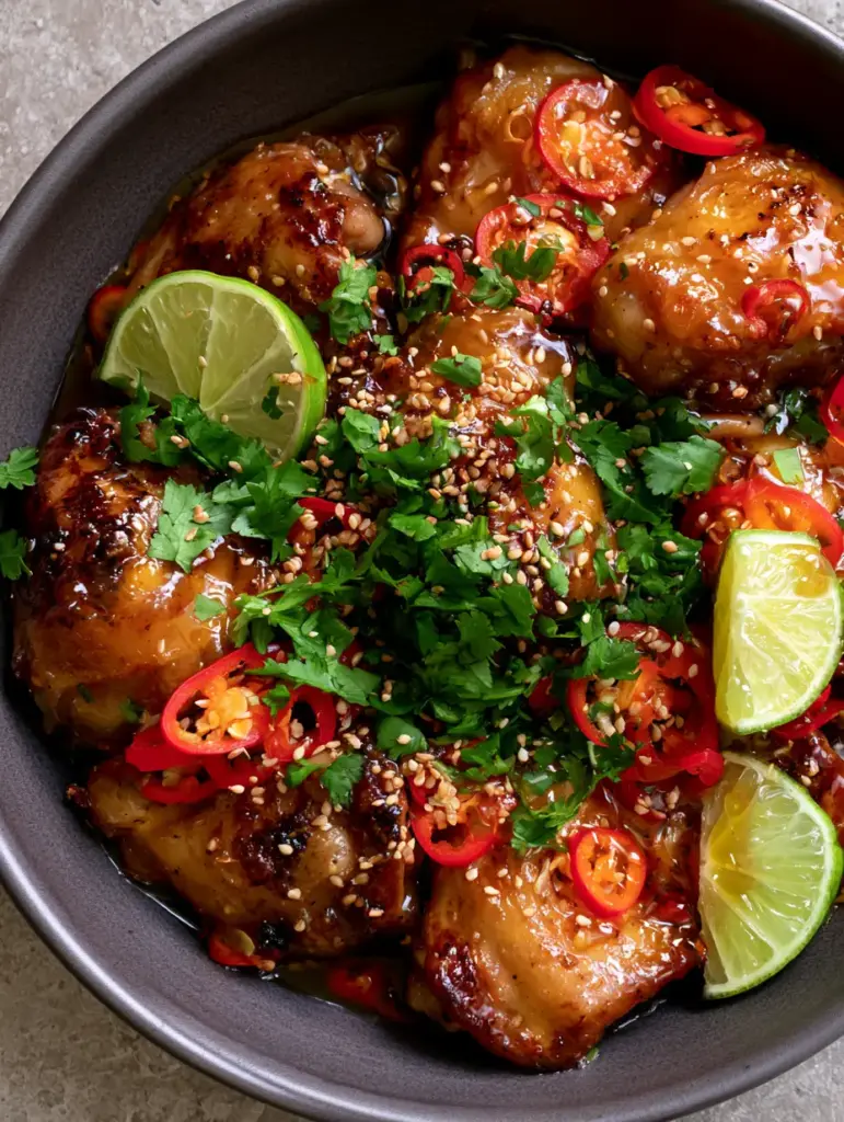 Spicy Honey-Lime Chicken with a Sticky Amber Glaze 1 Close-up of Spicy Honey-Lime Chicken in a matte ceramic bowl, showing sliced red chilies and fresh lime wedges with juice droplets.