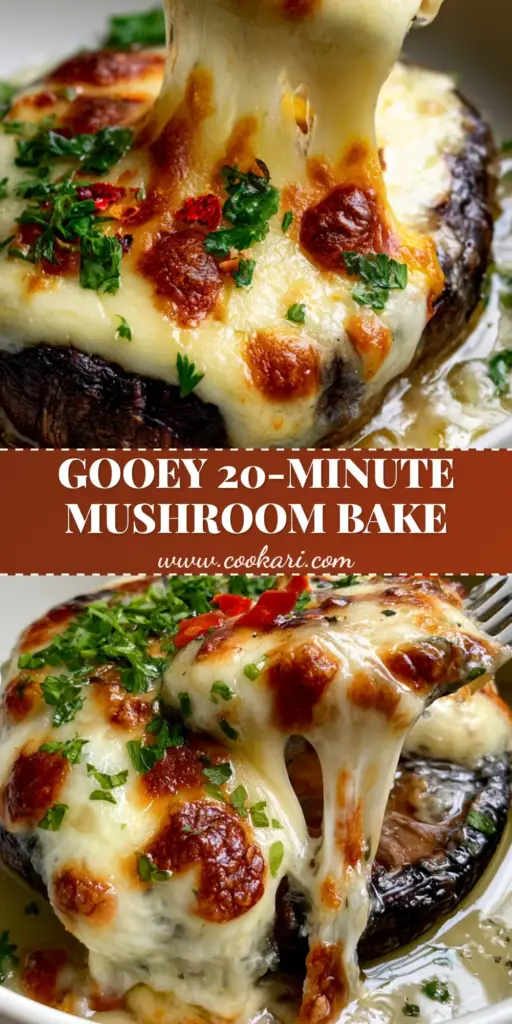 A close-up of a Mushroom Mozzarella Bake featuring a roasted Portobello cap topped with melted bubbly mozzarella, charred cheese spots, and fresh parsley.