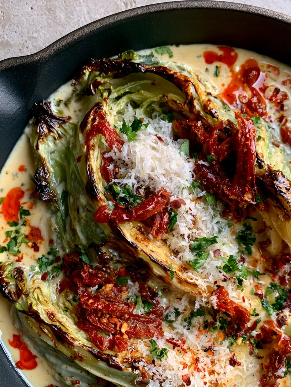 Top-down view of charred green cabbage wedges in a marbled garlic parmesan cream sauce with sun-dried tomatoes. (Marry Me Melting Cabbage)