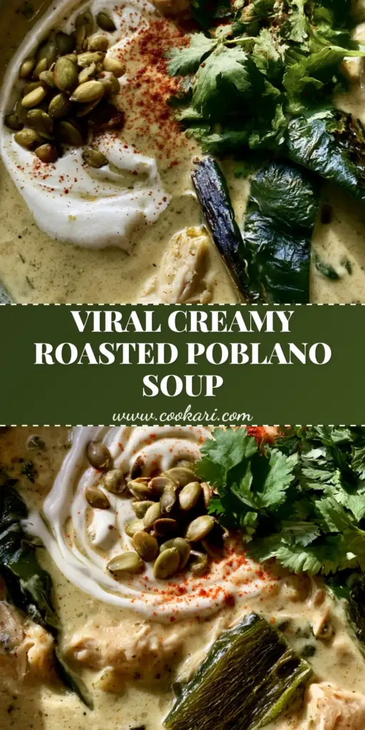 A top-down shot of Chicken Poblano Soup in a Dutch oven with lime-crema swirls, pepitas, and cilantro.