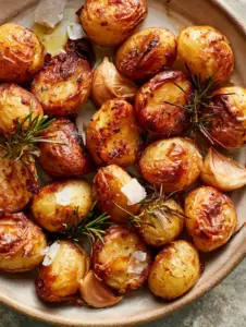 Macro top-down view of golden-brown pommes de terre rôties à l'ail featuring jagged edges and translucent garlic skins.