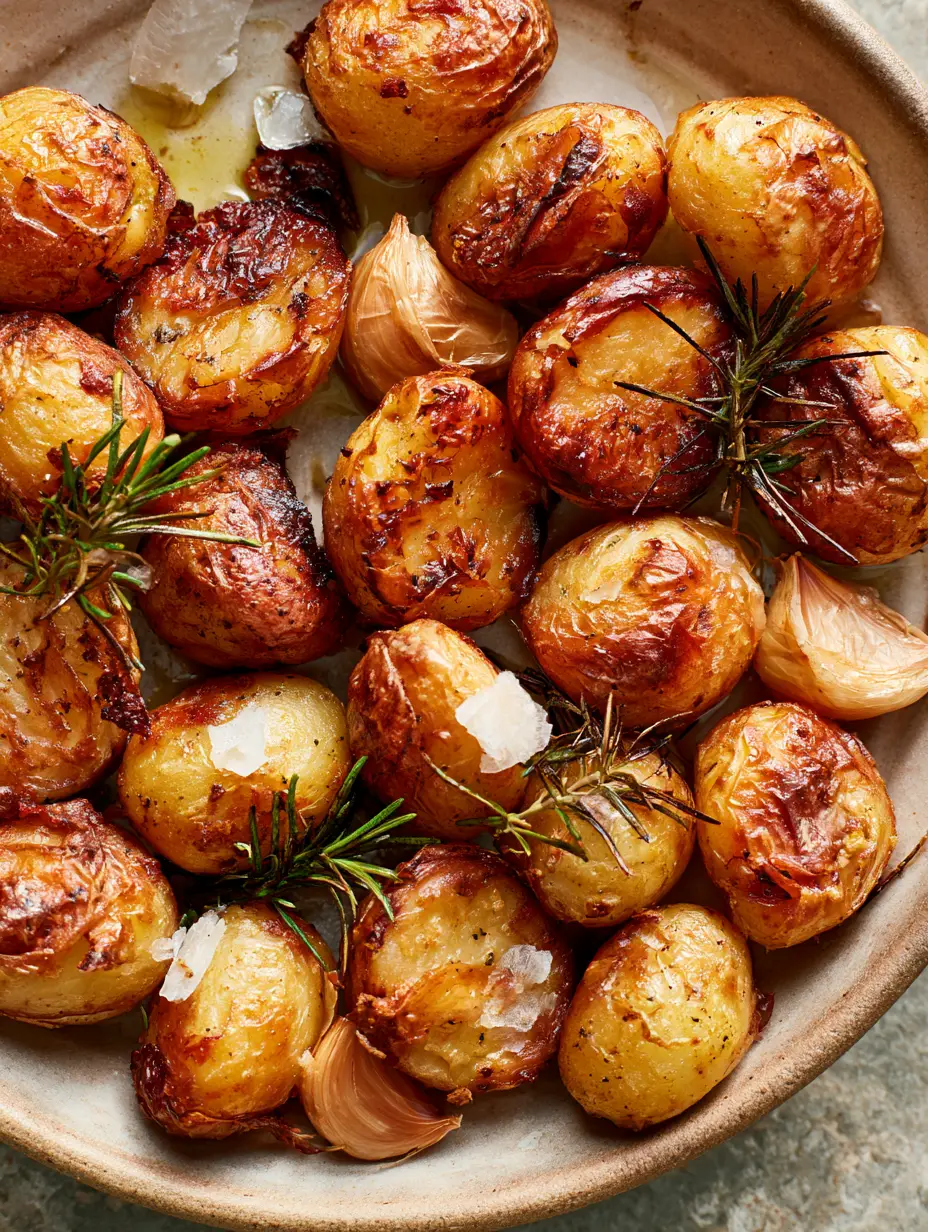 Macro top-down view of golden-brown pommes de terre rôties à l'ail featuring jagged edges and translucent garlic skins.