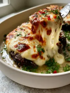 Macro view of Mushroom Mozzarella Bake with glistening garlic butter and vibrant green parsley garnish.