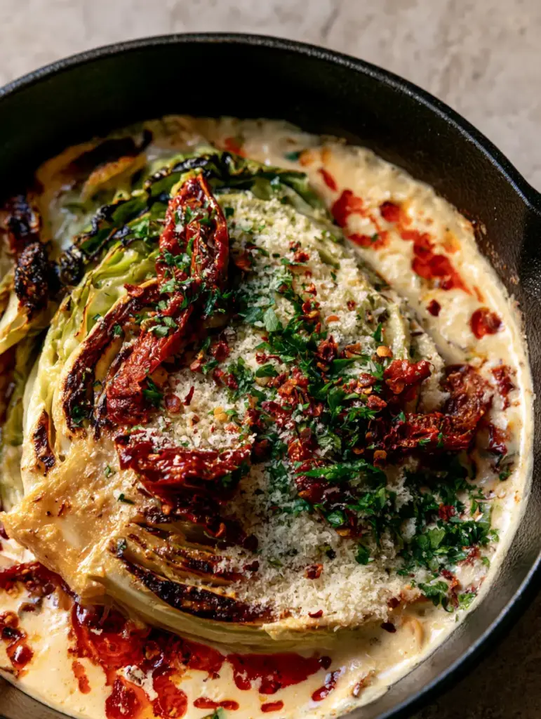 Macro shot of fluffy parmesan cheese dusting over tender cabbage wedges and vibrant red sun-dried tomato oil.