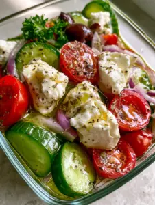 High-angle shot of greek cucumber salad featuring vibrant green cucumbers, red tomatoes, and purple onion slivers.