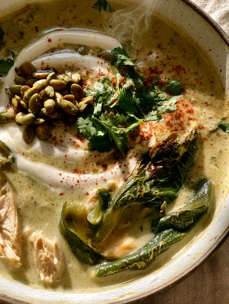 Macro shot of sage-green Chicken Poblano Soup showing shredded chicken and charred pepper ribbons.