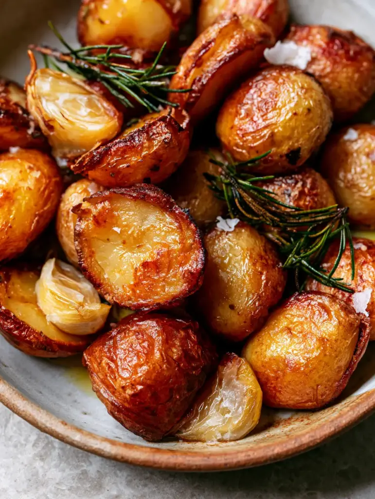 Close up of toasted rosemary needles and flaky sea salt on pommes de terre rôties à l'ail.