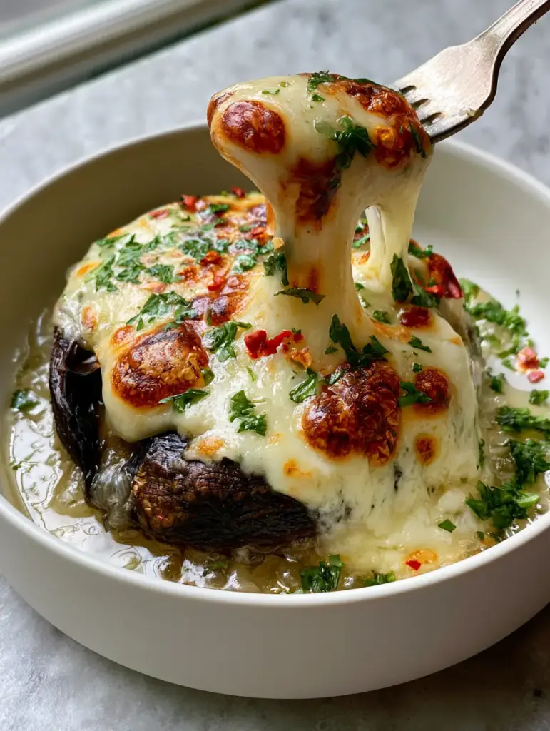 A silver fork lifting a gooey layer of mozzarella cheese from a roasted Portobello mushroom cap.