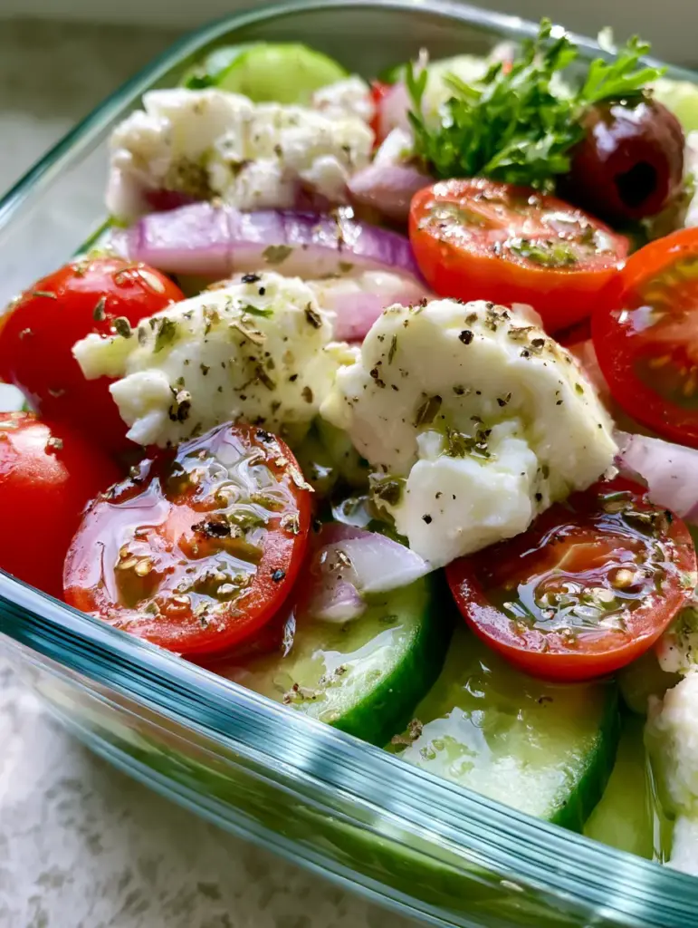 Greek Cucumber Salad with Chunky Feta and Herb Vinaigrette 1 Close up of chunky feta cheese and dried oregano flakes on a greek cucumber salad.