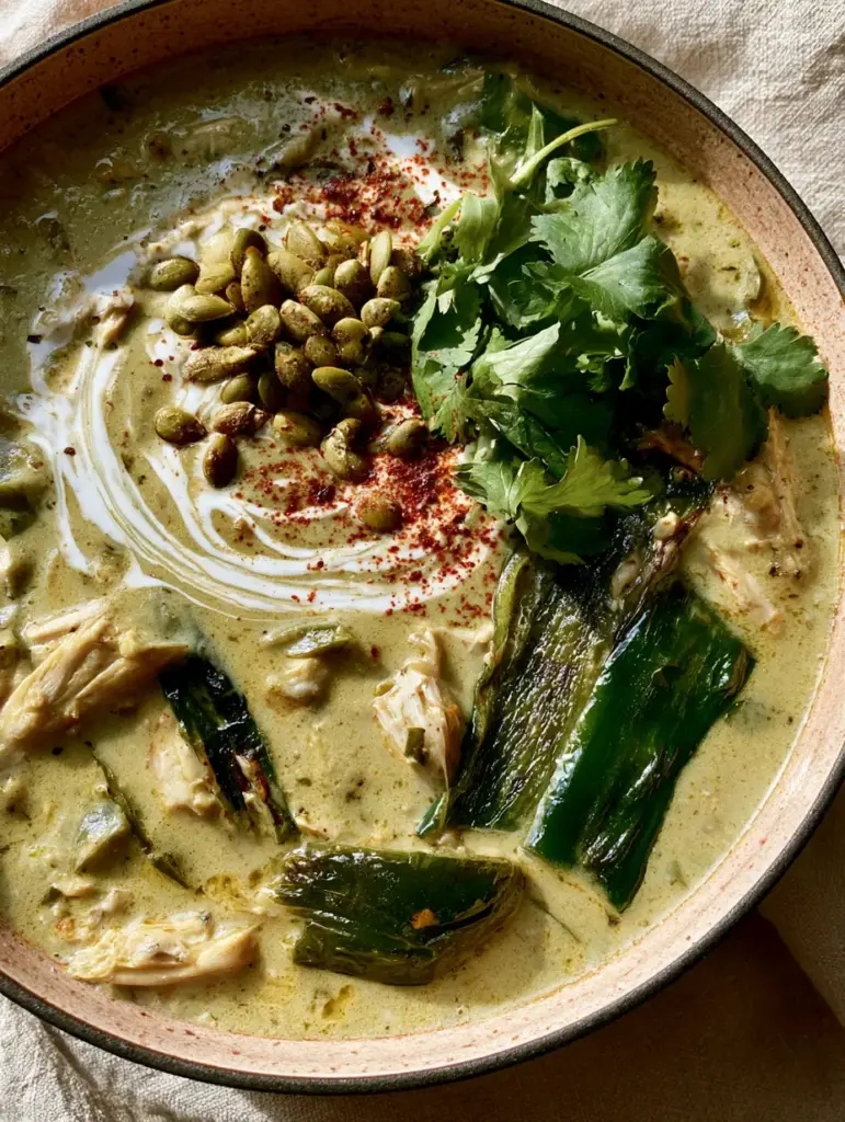Close up of the lime-crema swirl and toasted pepitas on top of Chicken Poblano Soup.