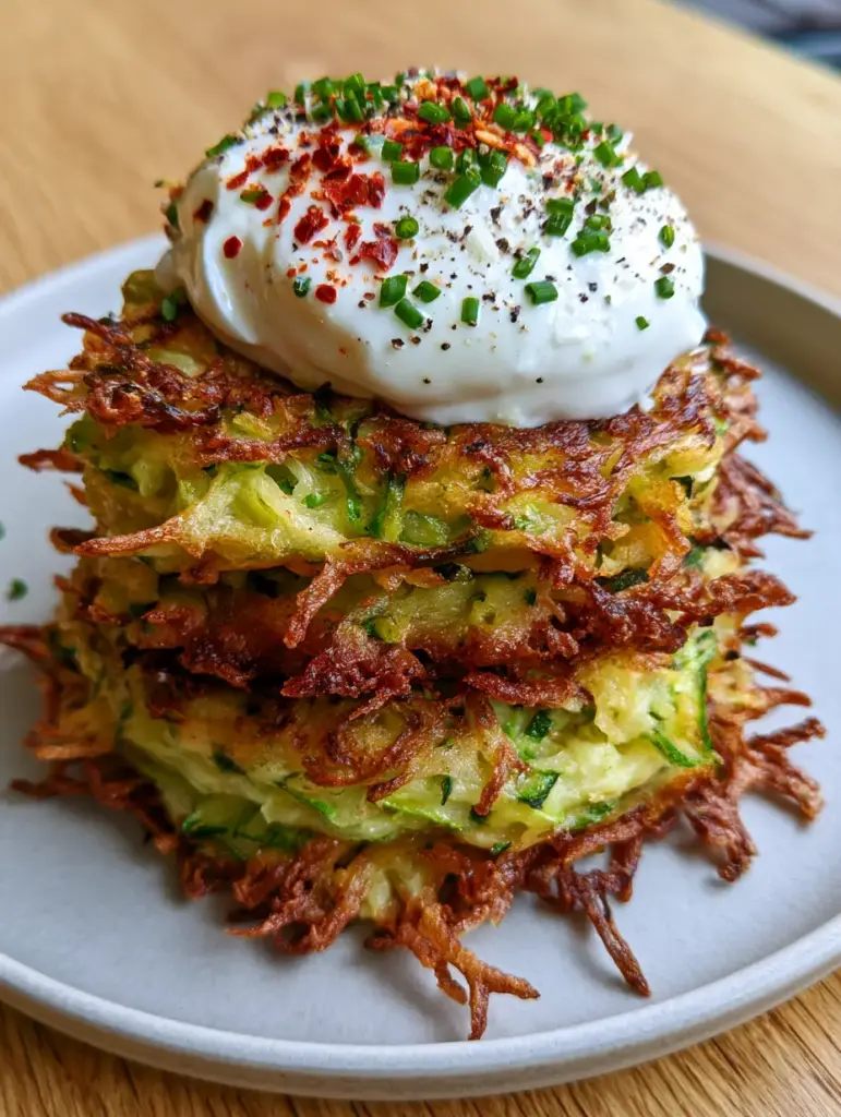 A close-up of a dollop of thick Greek yogurt on top of golden-brown zucchini fritters with chives and chili flakes.