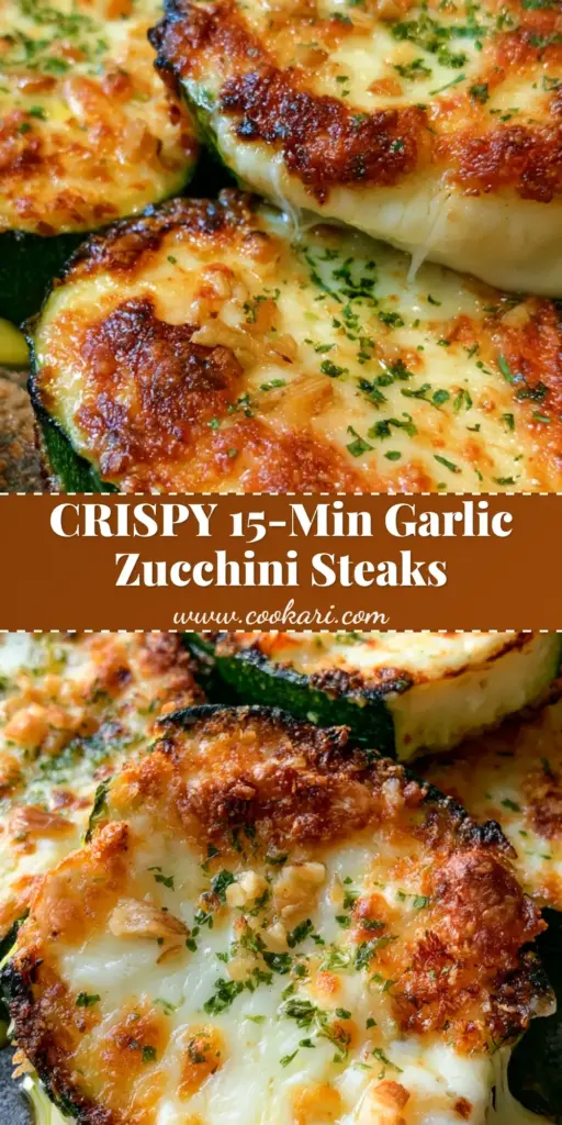 A rustic platter of cheesy garlic zucchini steaks recipe with melted mozzarella and a golden parmesan crust.