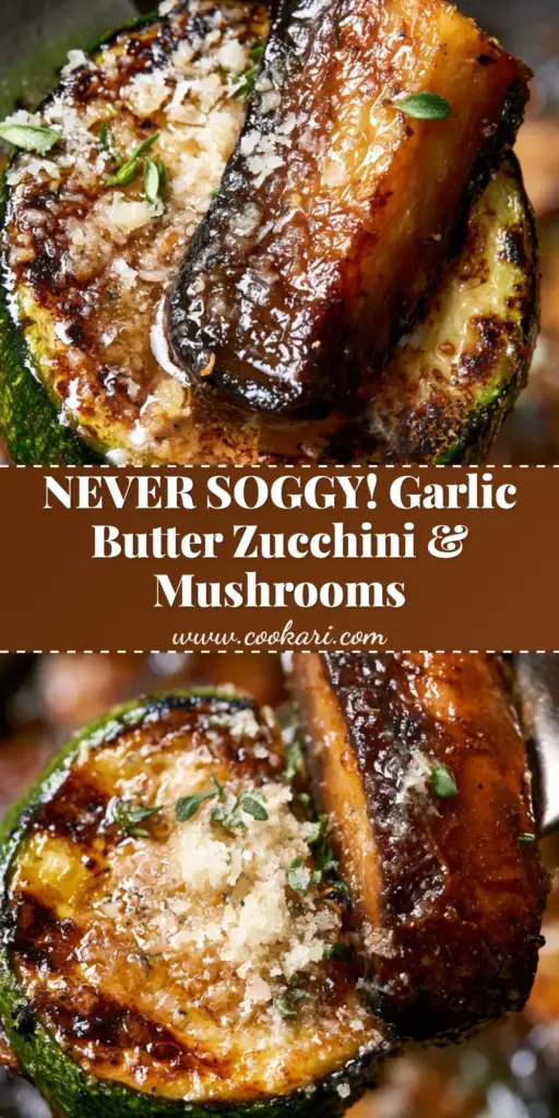 A close-up of a fork holding a golden-seared zucchini round and a meaty cremini mushroom wedge, both glistening with garlic butter and topped with fluffy parmesan and fresh thyme. (Sautéed Zucchini and Mushrooms)