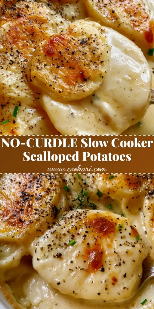 Slow Cooker Evaporated Milk Potatoes with a Golden Cheddar Crust 4 Close-up of creamy slow cooker evaporated milk potatoes with a golden cheddar crust and fresh chives in a white ceramic cooker.