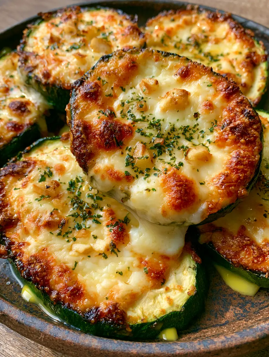 Close-up of thick-cut zucchini steaks with bubbling mozzarella cheese and toasted parmesan edges. (cheesy garlic zucchini steaks recipe)
