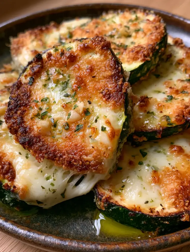 Zucchini steaks arranged on a dark platter featuring a stretchy cheese pull and charred skin. (cheesy garlic zucchini steaks recipe)
