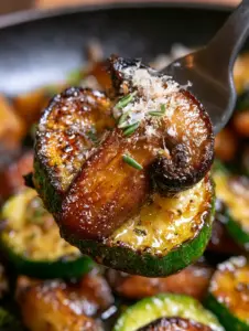 Macro shot of seared zucchini and caramelized mushrooms with melted garlic butter and parmesan dusting. (Sautéed Zucchini and Mushrooms)