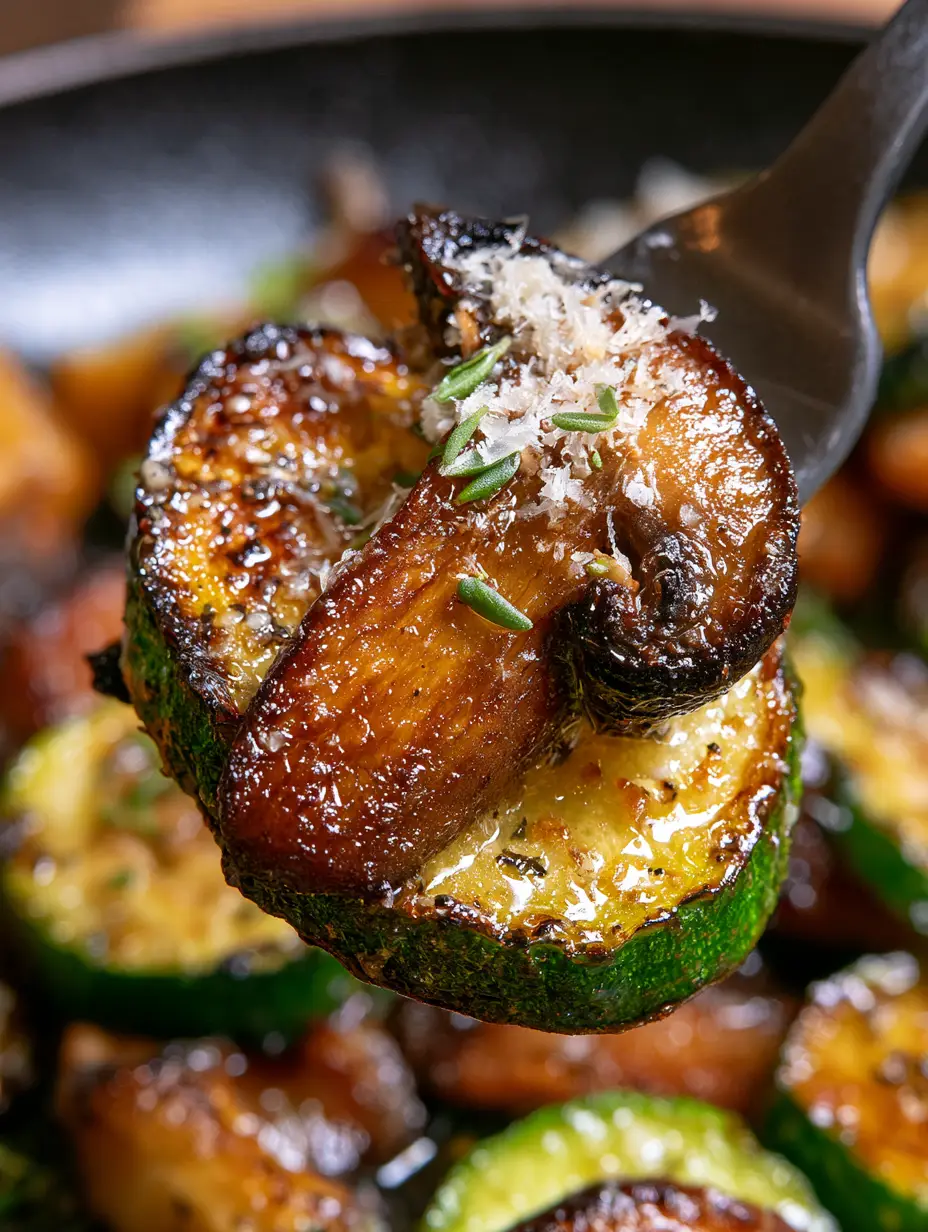 Macro shot of seared zucchini and caramelized mushrooms with melted garlic butter and parmesan dusting. (Sautéed Zucchini and Mushrooms)