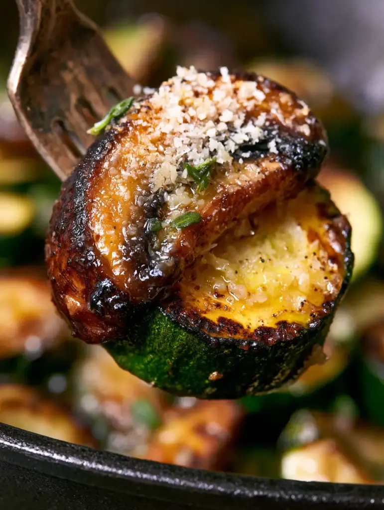 A rustic black skillet filled with golden-brown zucchini and mushrooms topped with fresh green thyme.