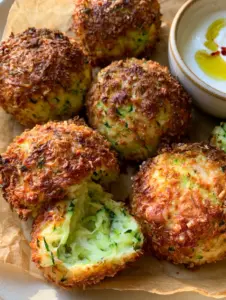 Extreme close-up of oven-baked zucchini balls showing the caramelized parmesan crust and bright green interior. (oven-baked zucchini balls)