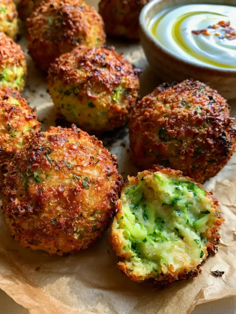 A broken zucchini ball revealing a moist, tender green interior surrounded by a toasted breadcrumb shell. (oven-baked zucchini balls)