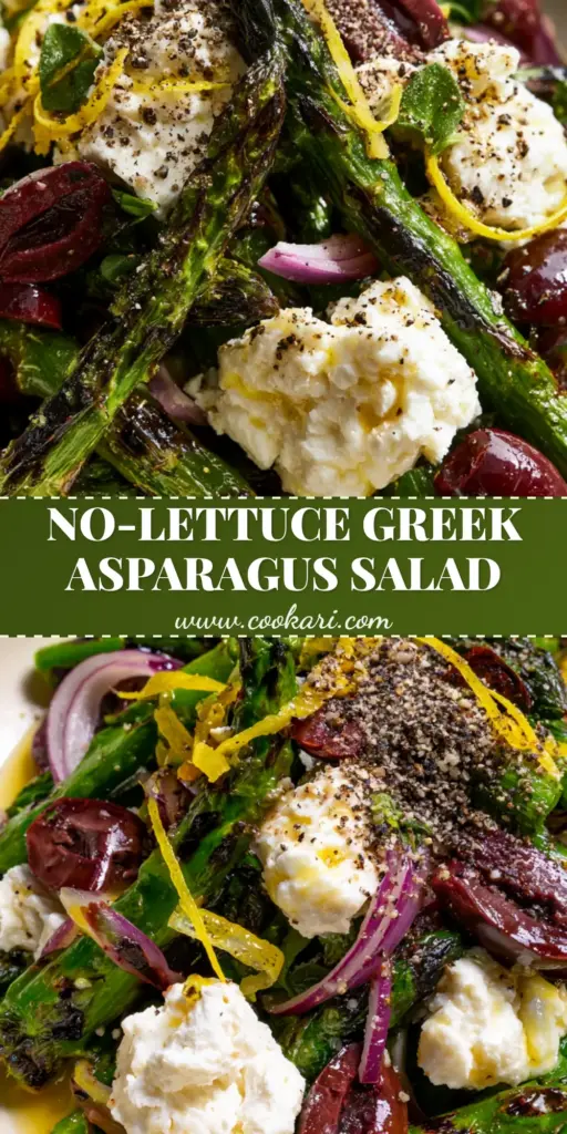 A stunning Greek Asparagus Salad featuring charred green spears, large chunks of white feta cheese, and purple red onions in a cream bowl.