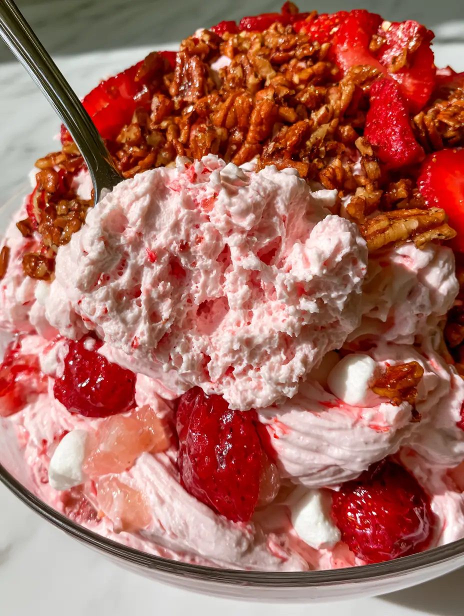 A glass bowl filled with Strawberry fluff salad topped with golden toasted pecans and fresh mint on a white marble surface.