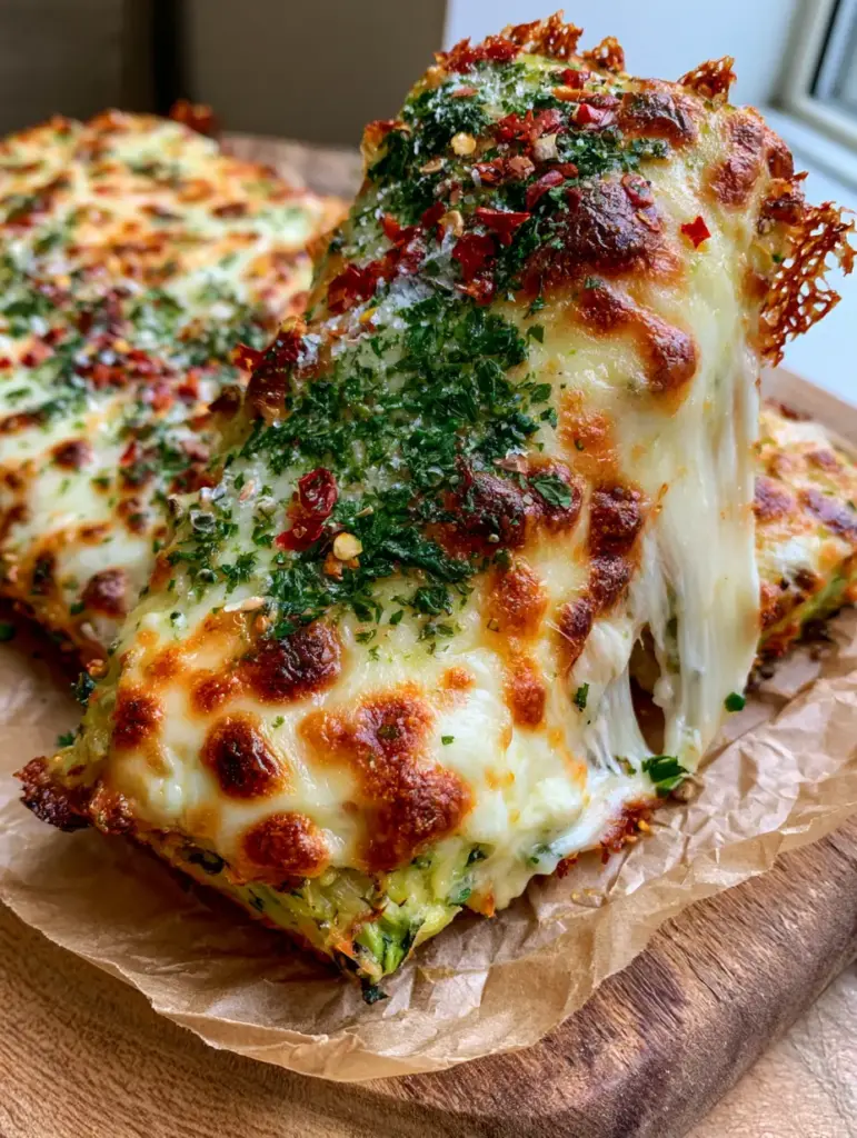 Extreme close-up of the zucchini crust texture and melted bubbly cheese.