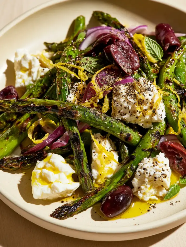 Overhead view of a Mediterranean salad with grilled asparagus, lemon zest ribbons, and fresh oregano leaves in a matte ceramic bowl.
