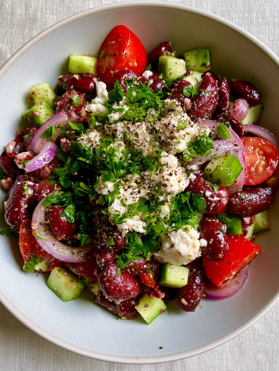 Close-up of Kidney Bean Salad with glossy dark red beans, diced cucumbers, and shimmering lemon vinaigrette.