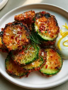 Top-down view of pan-seared zucchini medallions with emerald green centers and toasted parmesan crust. (fresh zucchini recipes)