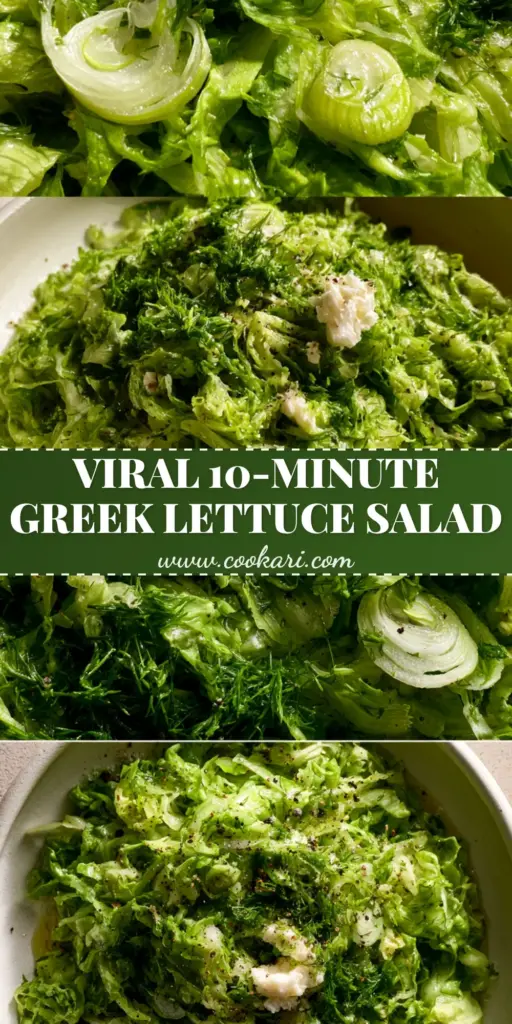 A top-down vertical split of Maroulosalata showing macro shredded romaine ribbons and a wide shot in a white ceramic bowl.
