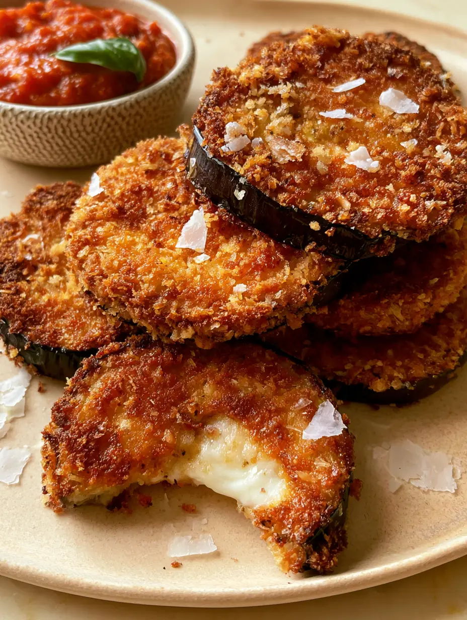 Extreme close-up of jagged panko breading on air fried breaded eggplant rounds catching the light. (air fried breaded eggplant)
