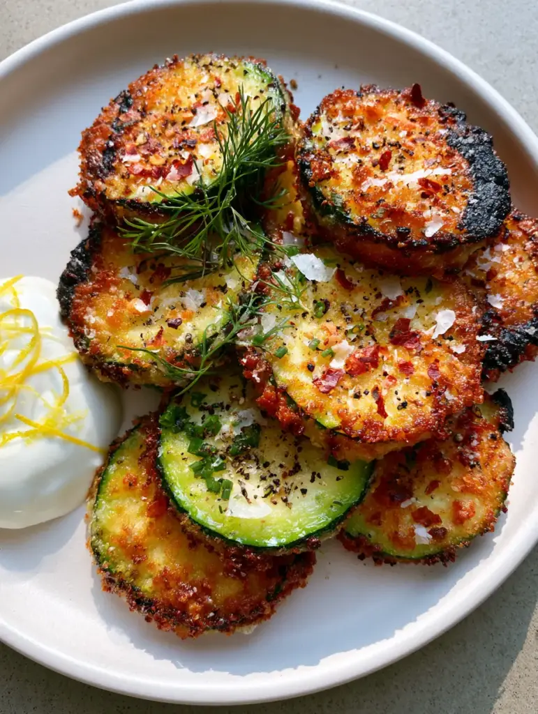 Fresh Zucchini Recipes: Crispy Parmesan Panko Medallions with Lemon Yogurt Dip 1 Close up of flaky salt and chili flakes on a crispy zucchini medallion with lemon zest ribbons in the background.