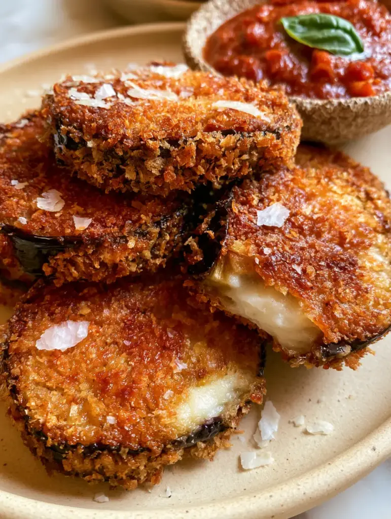 A broken slice of air fried breaded eggplant showing the steaming white interior and dark purple skin.