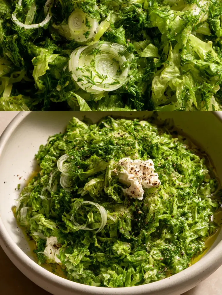 Wide shot of Maroulosalata piled high in a white ceramic bowl, glistening with olive oil and topped with feta.