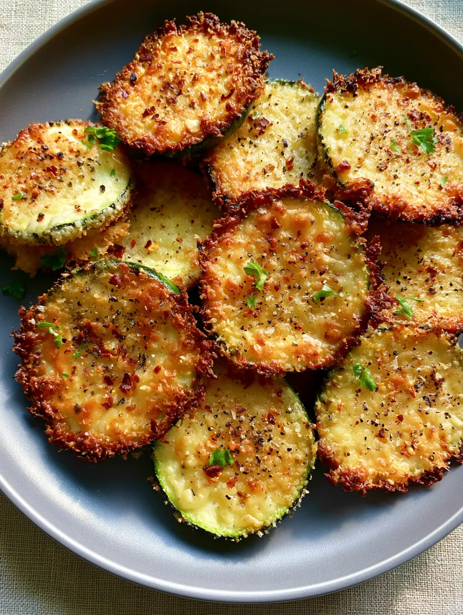 Top-down photo of Oven roasted parmesan zucchini rounds with red chili flakes and parsley on a matte grey plate.