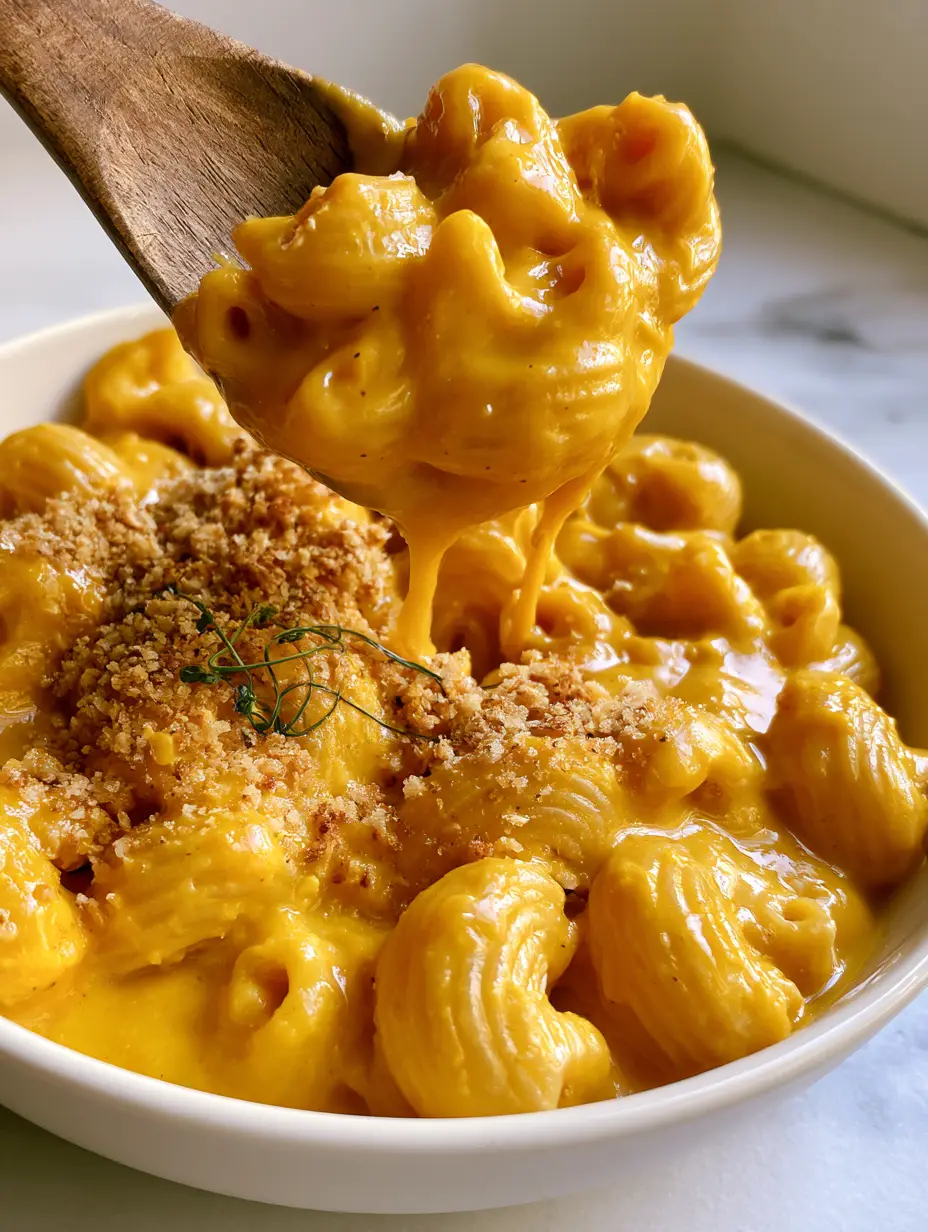 Macro shot of large ridged elbow macaroni coated in thick, glossy Veggie Mac and Cheese sauce.