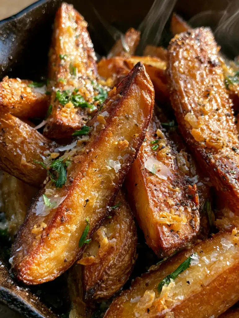 Extreme macro close-up of golden-brown garlic roasted potatoes with craggy edges and rosemary micro-shards. (garlic roasted potatoes)
