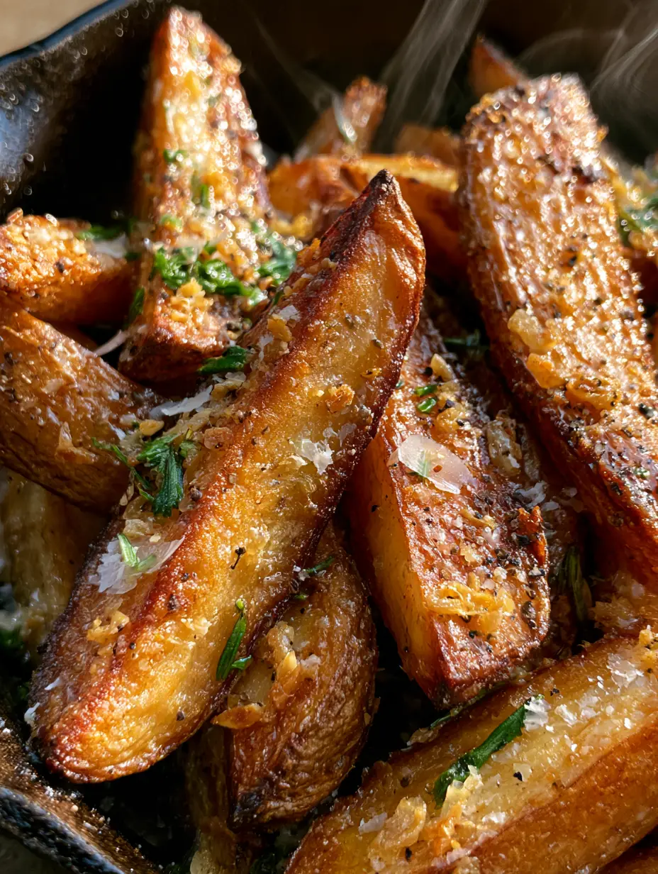 Extreme macro close-up of golden-brown garlic roasted potatoes with craggy edges and rosemary micro-shards. (garlic roasted potatoes)