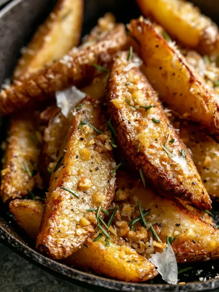 Macro view of roasted potato wedges in a cast iron skillet with toasted garlic and Maldon sea salt flakes.