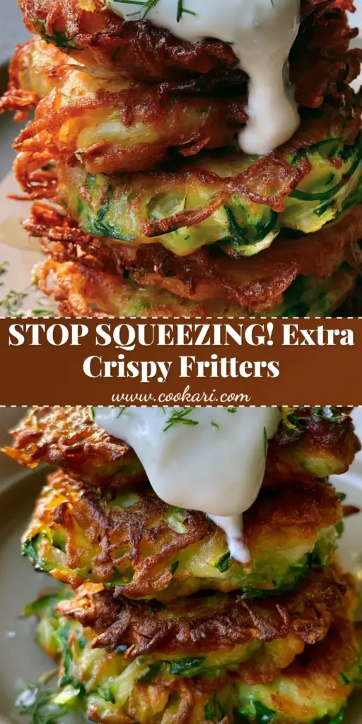 A stack of three crispy Zucchini fritters with charred edges, topped with a dollop of white garlic yogurt dip and fresh dill on a matte plate.