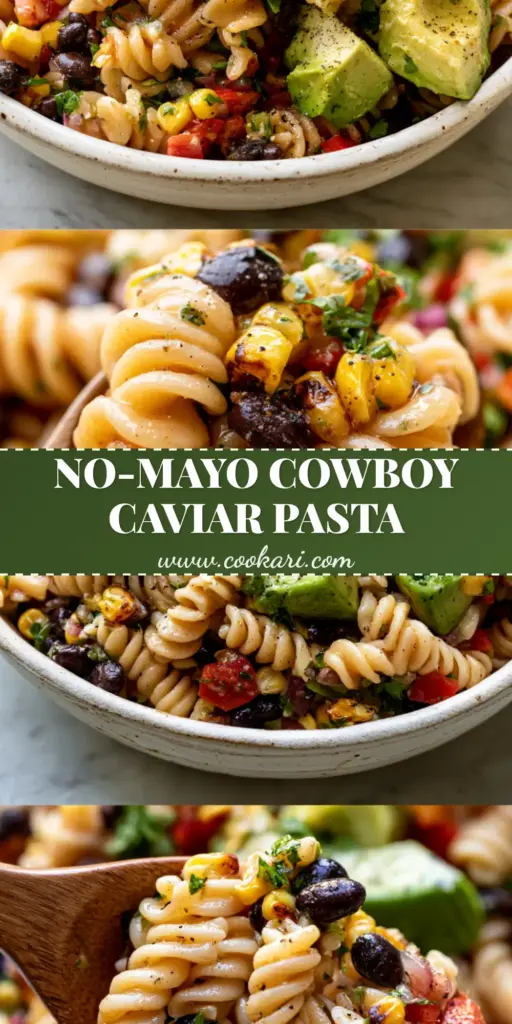 A vertical food photography shot of Cowboy Caviar Pasta Salad featuring rotini, black beans, and avocado chunks in a rustic bowl.