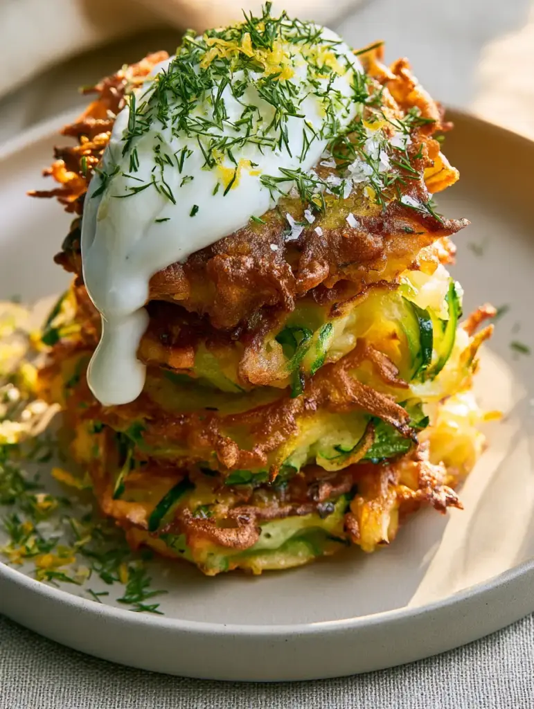 Side view of Zucchini fritters stack with garlic yogurt dip dripping down the side, sprinkled with lemon zest.