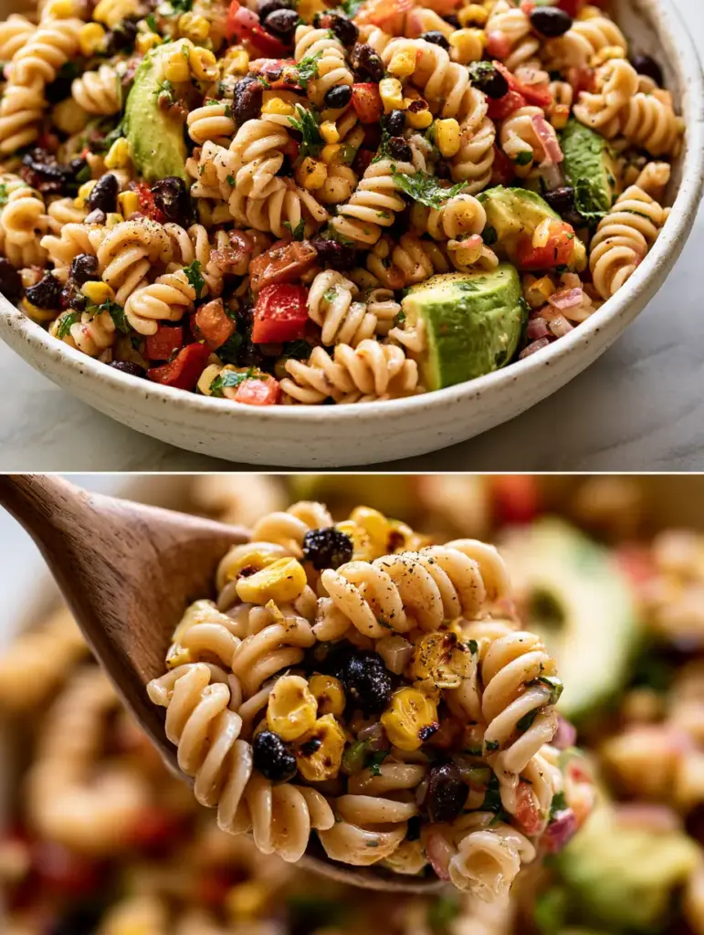 Split screen view of Cowboy Caviar Pasta Salad showing a bowl of vibrant ingredients and a macro close-up of a wooden spoon.