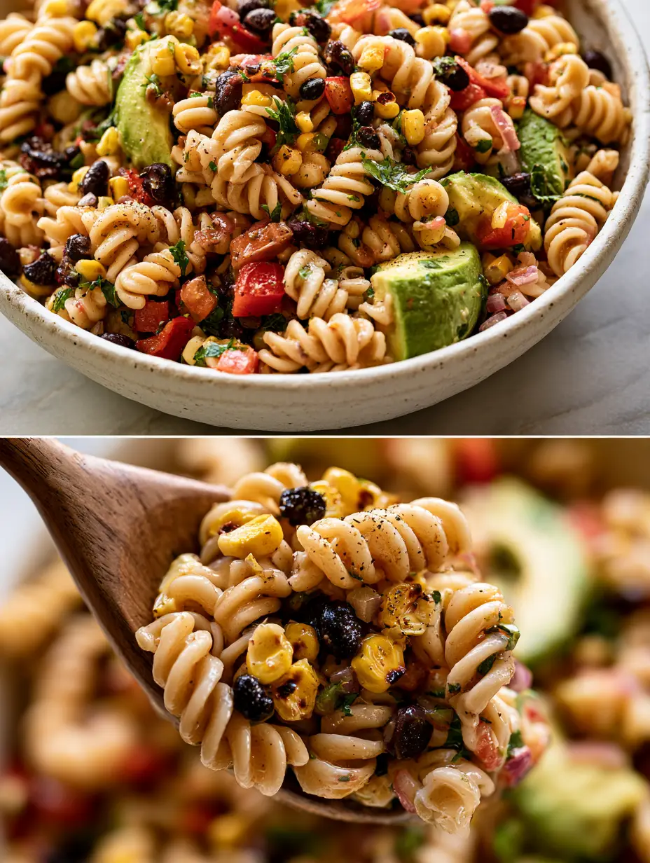 Split screen view of Cowboy Caviar Pasta Salad showing a bowl of vibrant ingredients and a macro close-up of a wooden spoon.