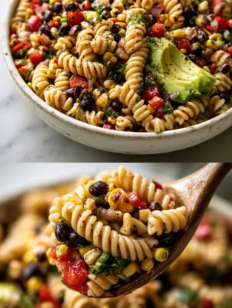 Top-down view of Cowboy Caviar Pasta Salad in a white ceramic bowl showing fire-roasted corn and fresh avocado.