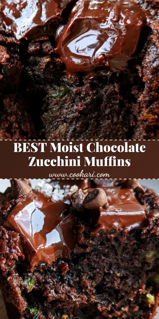 A close-up shot of double chocolate zucchini muffins in tan liners, topped with melted chocolate chunks and sea salt. (chocolate zucchini muffins)